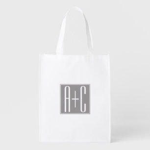 Editable Couples Initials White & Grey Grocery Bag