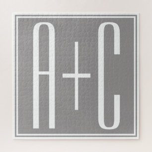Editable Couples Initials White & Grey Jigsaw Puzzle