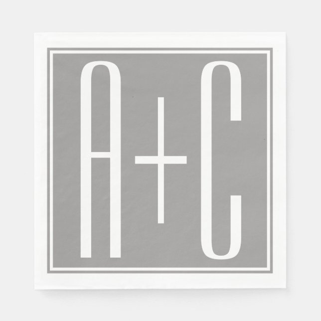 Editable Couples Initials | White & Grey Napkins (Front)