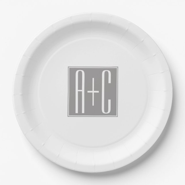 Editable Couples Initials | White & Grey Paper Plates (Front)