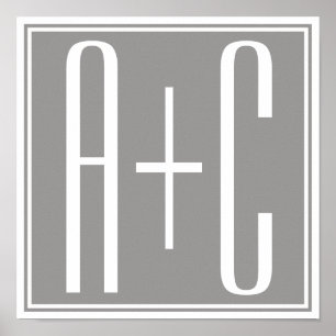 Editable Couples Initials White & Grey Poster