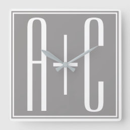 Editable Couples Initials | White &amp; Grey Square Wall Clock