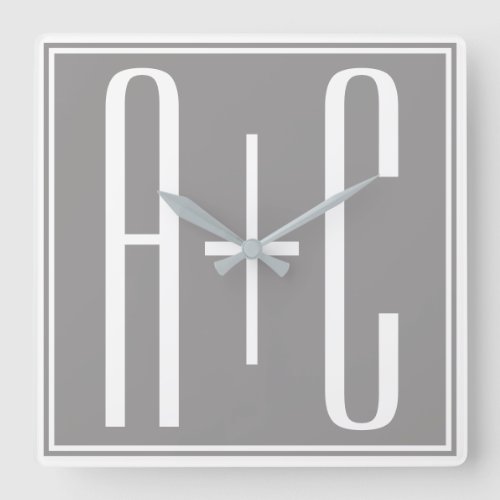 Editable Couples Initials  White  Grey Square Wall Clock