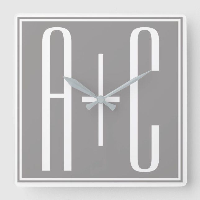 Editable Couples Initials | White & Grey Square Wall Clock (Front)