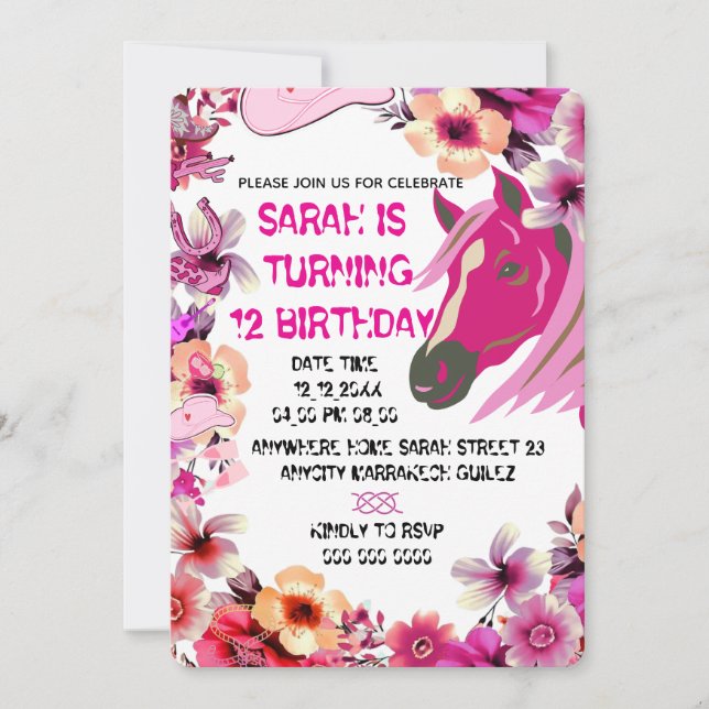 Editable Cowgirl Birthday Invitation Template, Gir (Front)