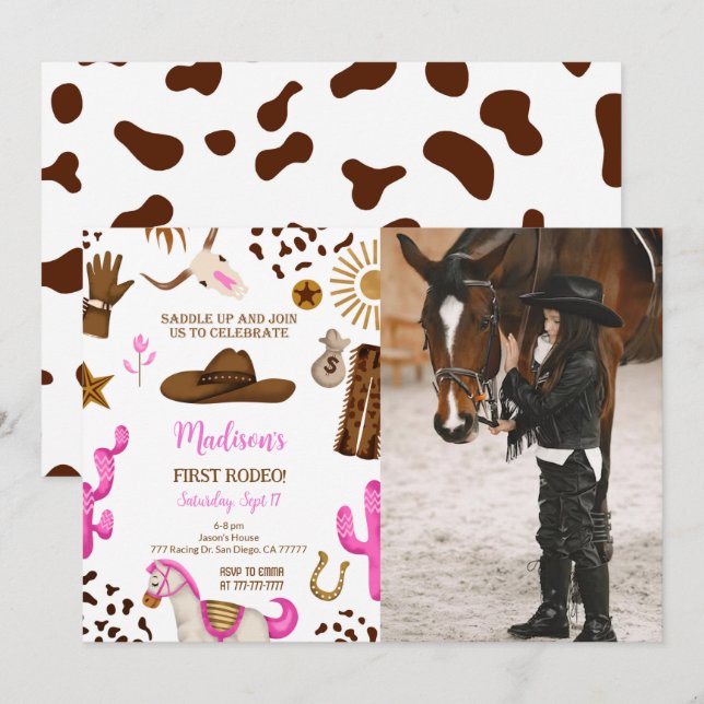Editable Cowgirl Birthday Photo Invitation (Front/Back)