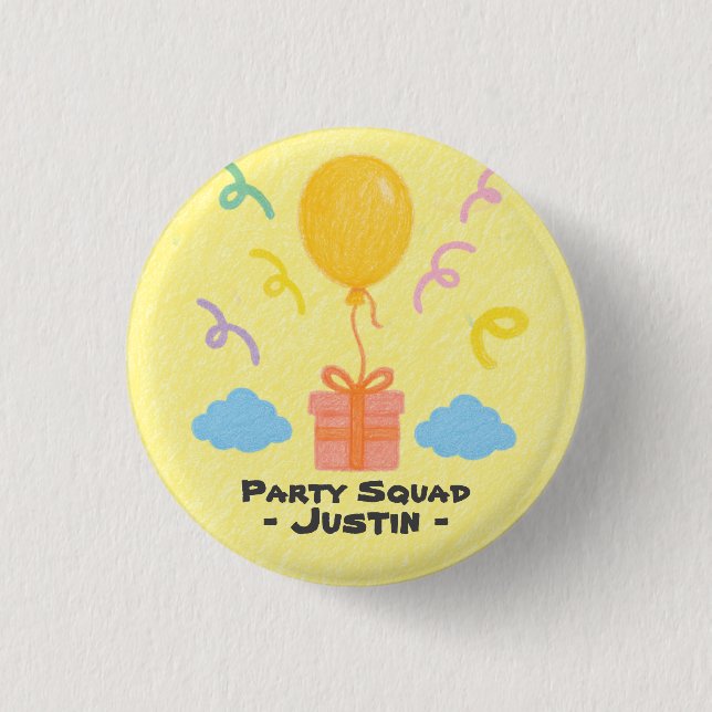 Editable Crayon Style – Balloon Bash Birthday Button (Front)