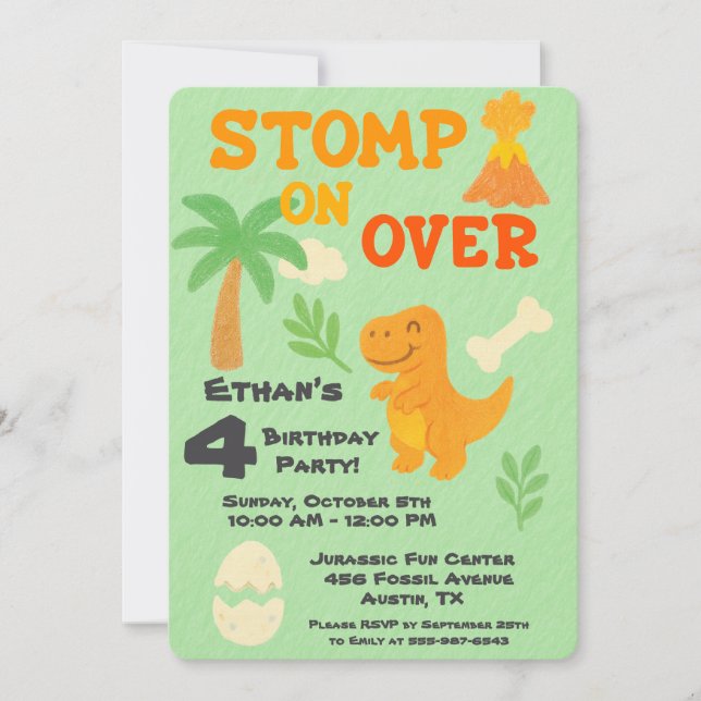 Editable Crayon Style – Dinosaur Roarsome Birthday Invitation (Front)