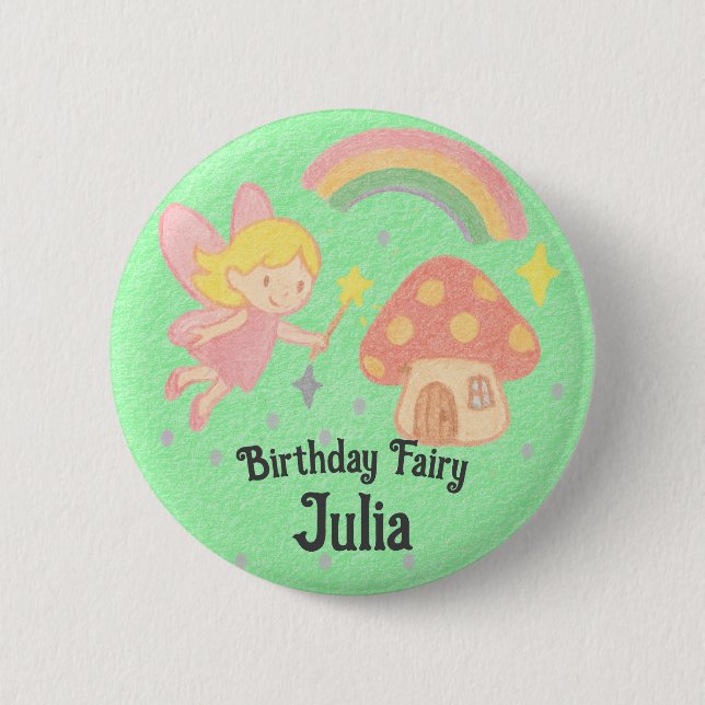 Editable Crayon Style – Fairy Mushroom Birthday Button (Front)