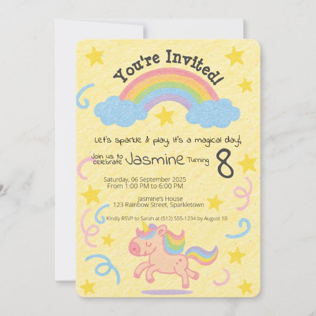 Editable Crayon Style – Unicorn Dream Sparkle Invitation (Front)
