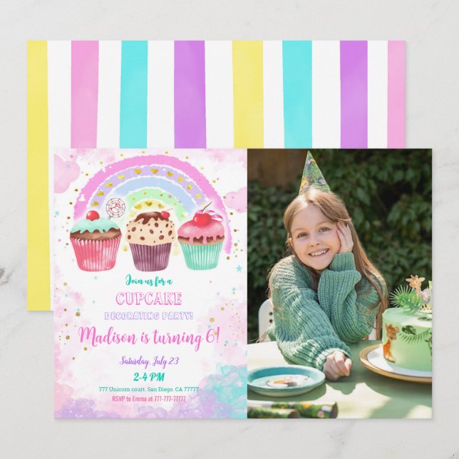 Editable Cupcake Birthday Photo Invitation (Front/Back)