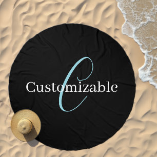 Editable Cursive Script Monogram Black Blue White Beach Towel