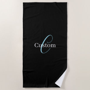 Editable Cursive Script Monogram Black Blue White Beach Towel