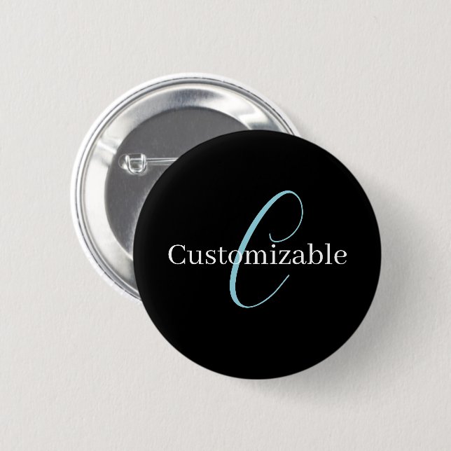 Editable Cursive Script Monogram Black Blue White Button (Front & Back)