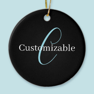 Editable Cursive Script Monogram Black Blue White Ceramic Ornament