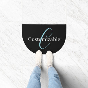 Editable Cursive Script Monogram Black Blue White Doormat