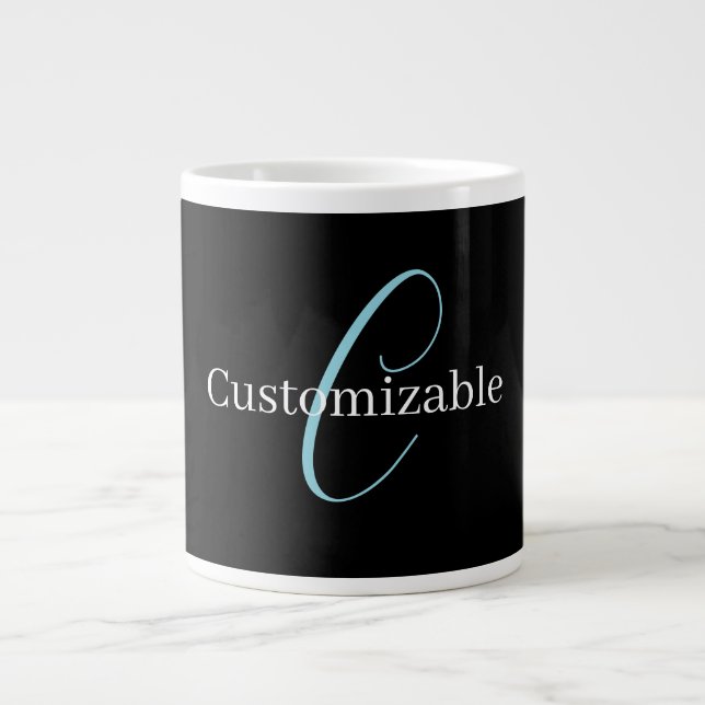 Editable Cursive Script Monogram Black Blue White Giant Coffee Mug (Front)