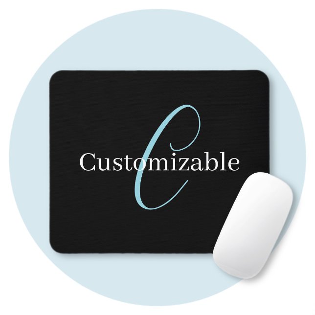 Editable Cursive Script Monogram Black Blue White Mouse Pad (Creator Uploaded)