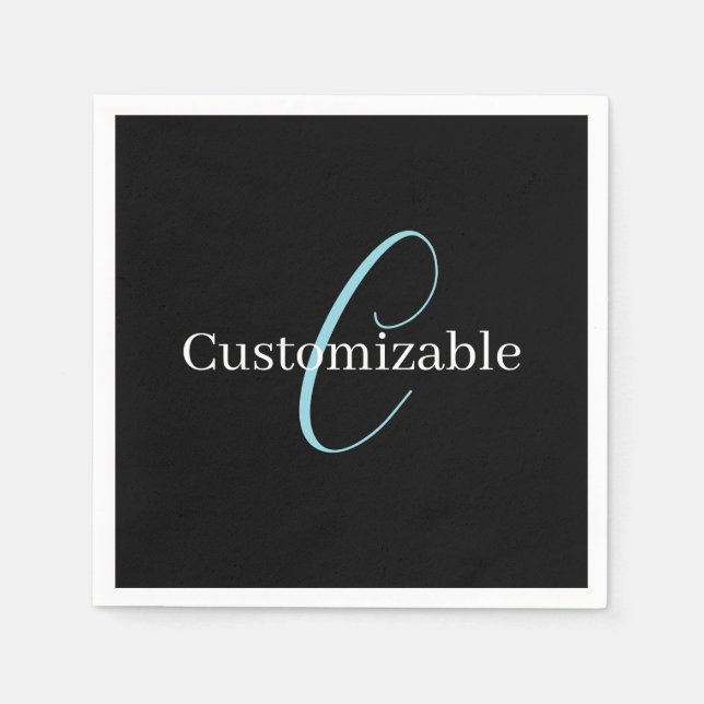 Editable Cursive Script Monogram Black Blue White Napkins (Front)