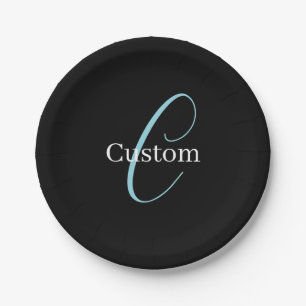 Editable Cursive Script Monogram Black Blue White Paper Plates