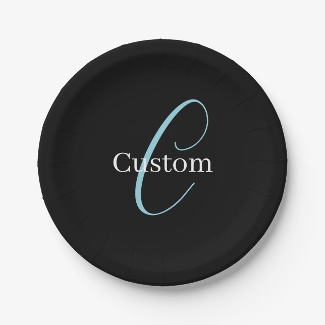 Editable Cursive Script Monogram Black Blue White Paper Plates (Front)