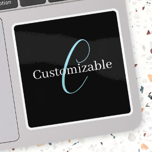 Editable Cursive Script Monogram Black Blue White Sticker