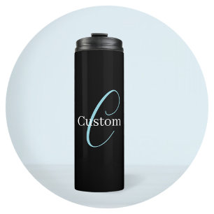 Editable Cursive Script Monogram Black Blue White Thermal Tumbler
