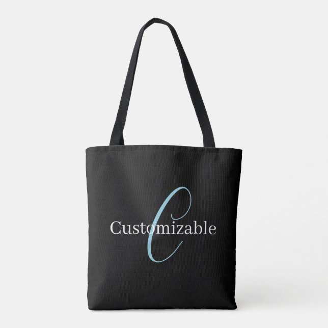 Editable Cursive Script Monogram Black Blue White Tote Bag (Back)