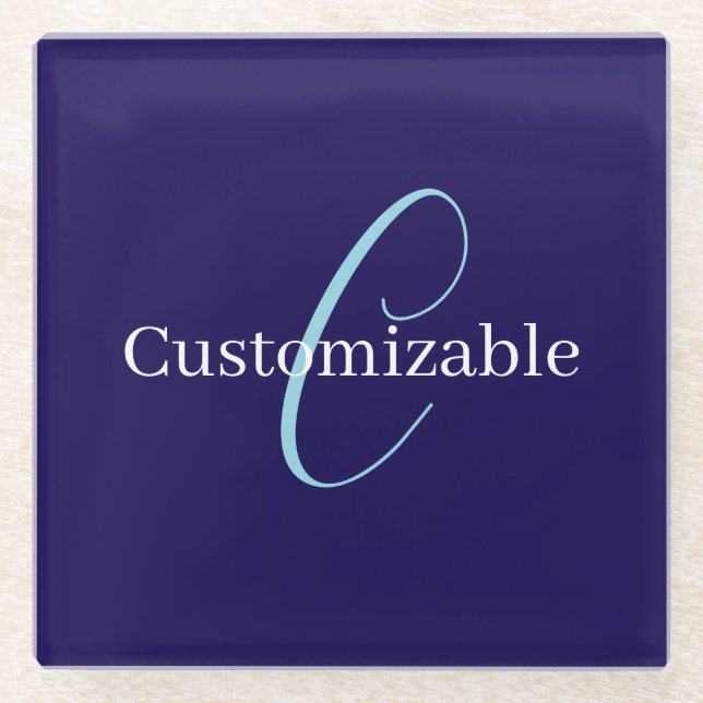 Editable Cursive Script Monogram Purplish Blue Glass Coaster (Front)