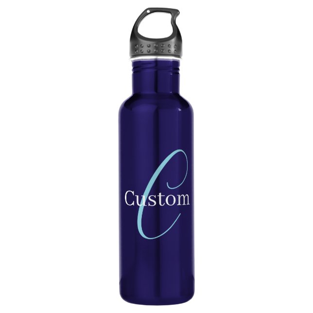 Editable Cursive Script Monogram Purplish Blue Stainless Steel Water Bottle (Front)