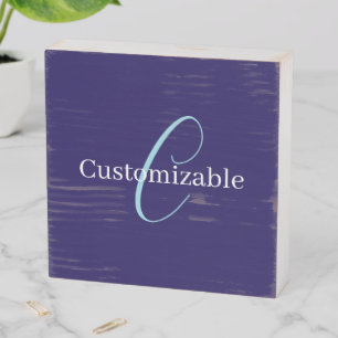 Editable Cursive Script Monogram Purplish Blue Wooden Box Sign