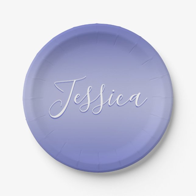 Editable Cursive Script | White & Purple Violet Paper Plates (Front)