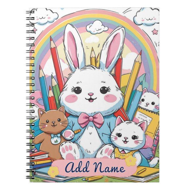 Editable Cute Bunny Rainbow School Notebook (Front)