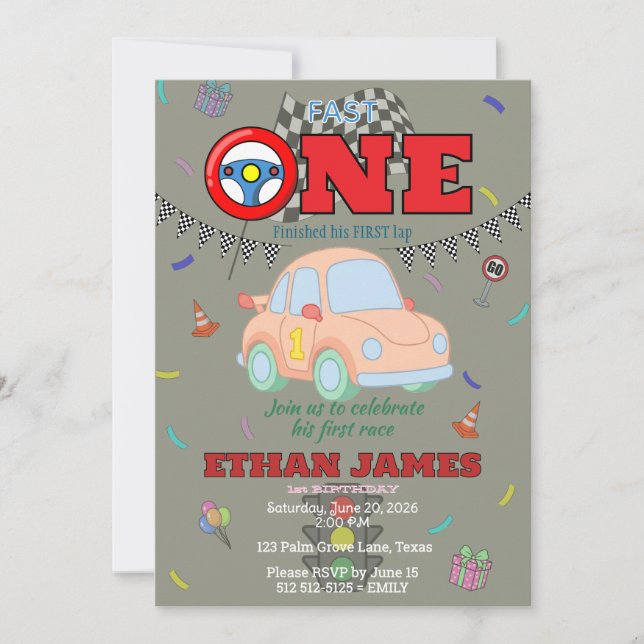 Editable Cute Car First Birthday Invitation (Front)