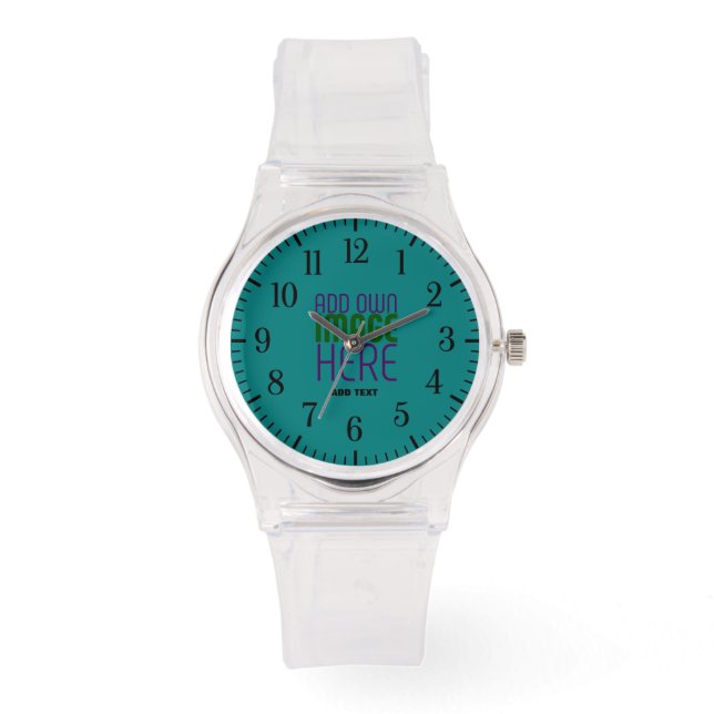 EDITABLE CUTE CLEAR TEAL GREEN IMAGE TEXT TEMPLATE WATCH (Front)