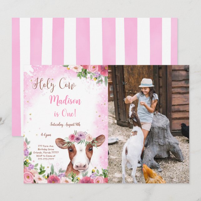 Editable Cute Cow Birthday Photo Invitation (Front/Back)