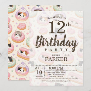 Editable Cute Donut Cat 12th Birthday Party Invitation