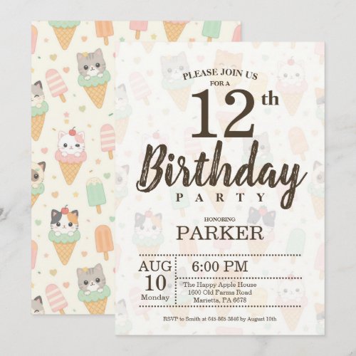 Editable Cute Ice Cream Cat 12th Birthday Party Invitation