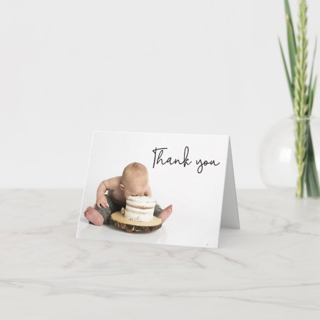 Editable Cute Photo Baby Boy 1st Birthday Thank You Card (Front)