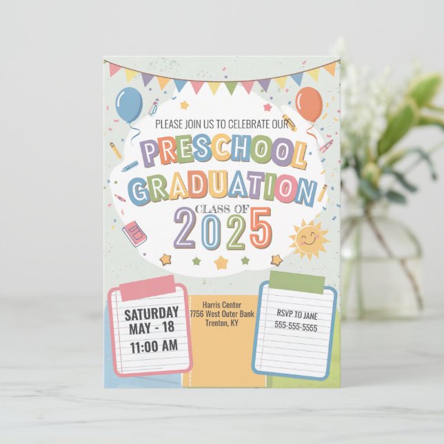 Editable Cute Preschool Graduation Notepad Balloon Invitation (Standing Front)