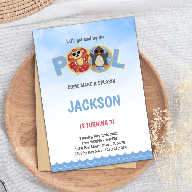 Editable Cute Summer Swim Party Invite for Kids (Penguin Pool Birthday Invitations)