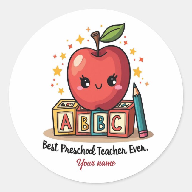 Editable Cute Teacher Apple Design Classic Round Sticker (Front)