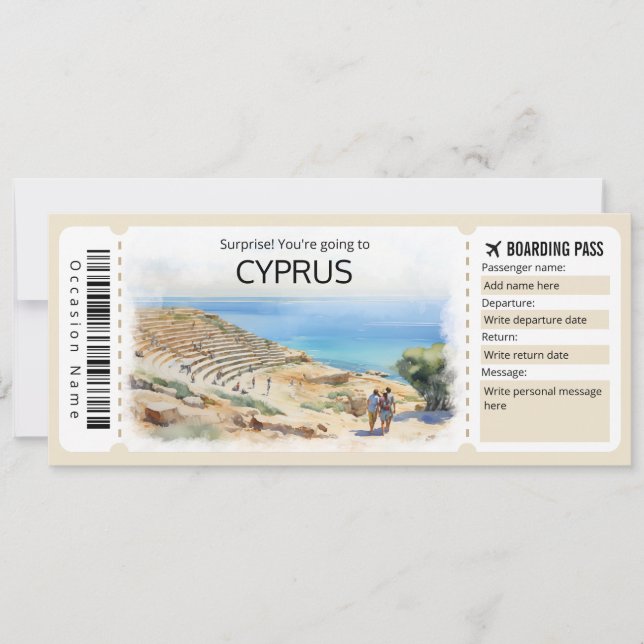 Editable Cyprus Plane ticket, Cyprus Trip Invitation (Front)