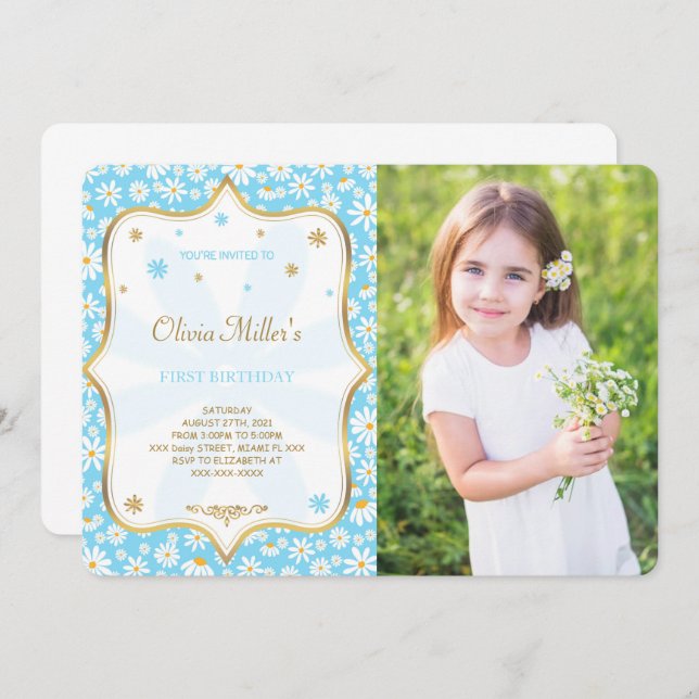 Editable Daisy Birthday Photo Invitation (Front/Back)