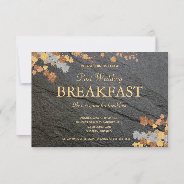 Editable Dark Gray Stone Autumn Leaves Breakfast RSVP Card (Front)