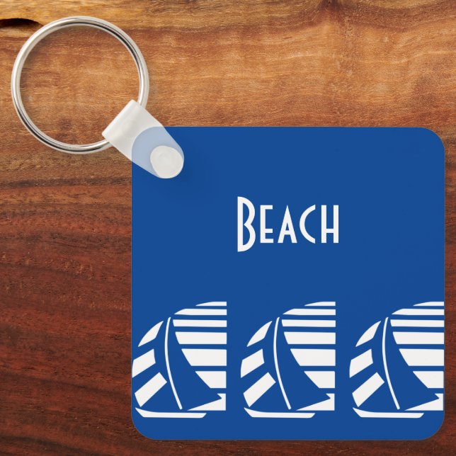 Editable Deco Letters Blue White Sailboat Keychain (Front)