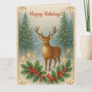 Editable Deer and Holly Happy Holidays Card
