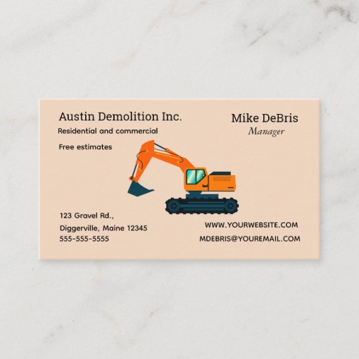 Editable Demolition Excavator Business Card | Zazzle