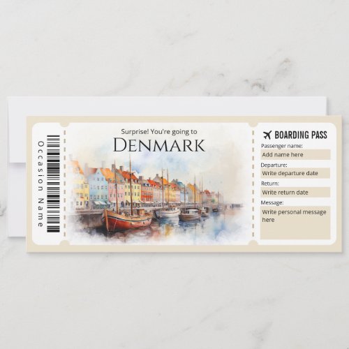 Editable Denmark Boarding Pass Plane ticket Invitation