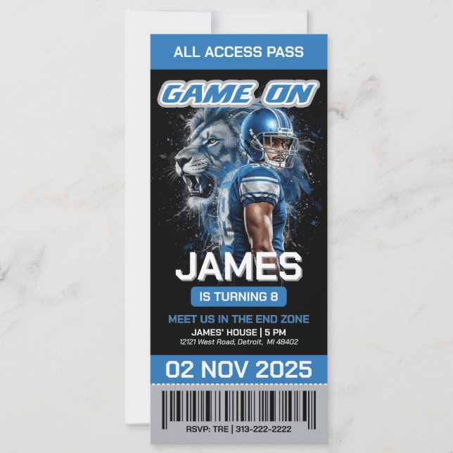 Editable Detroit Football Ticket Birthday Invite (Front)